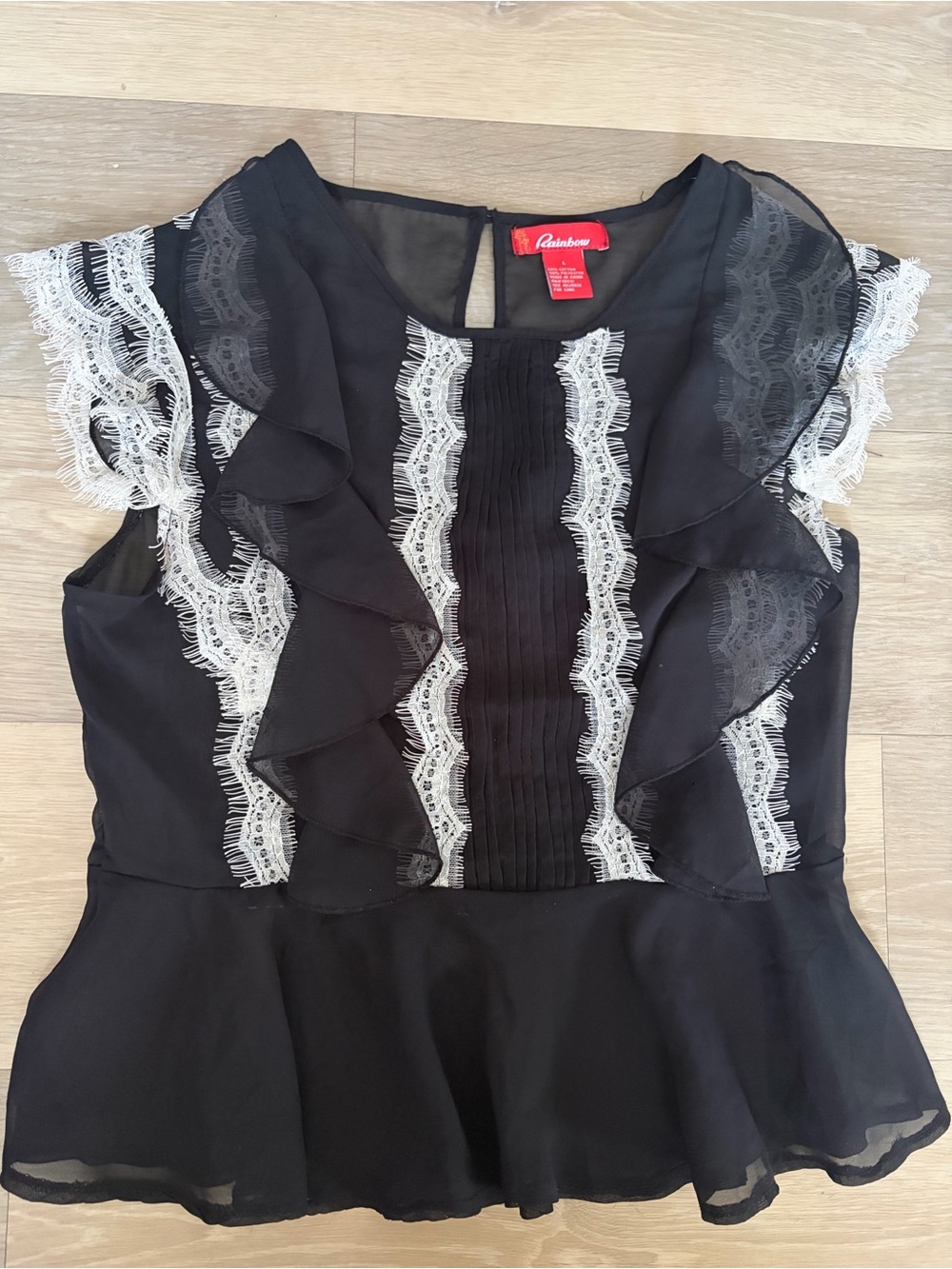 Rainbow Black Sheer Lace Ruffle Peplum Blouse Size L Y2K